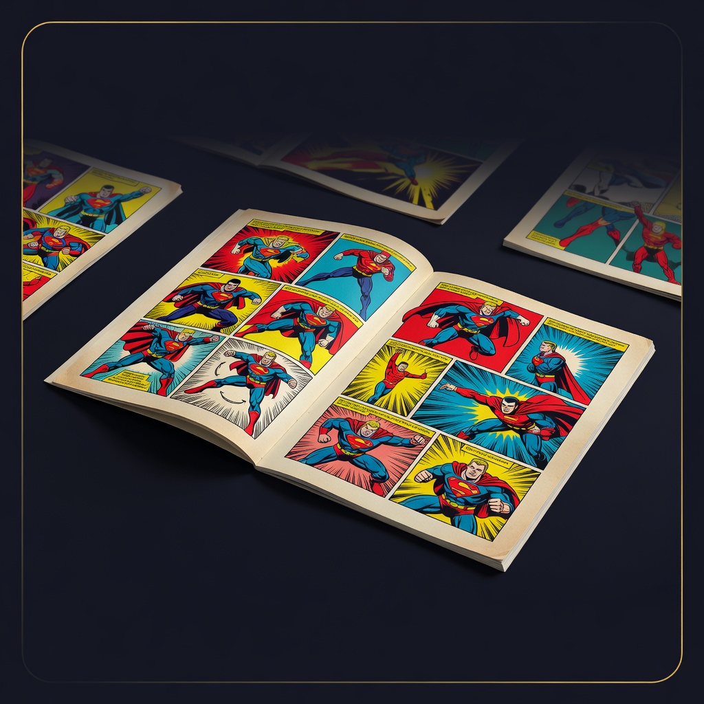 Comic book art spread showing superhero action panels